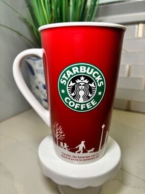 Vintage 2006 Starbucks Holiday Winter Christmas Scene Red Ceramic Mug